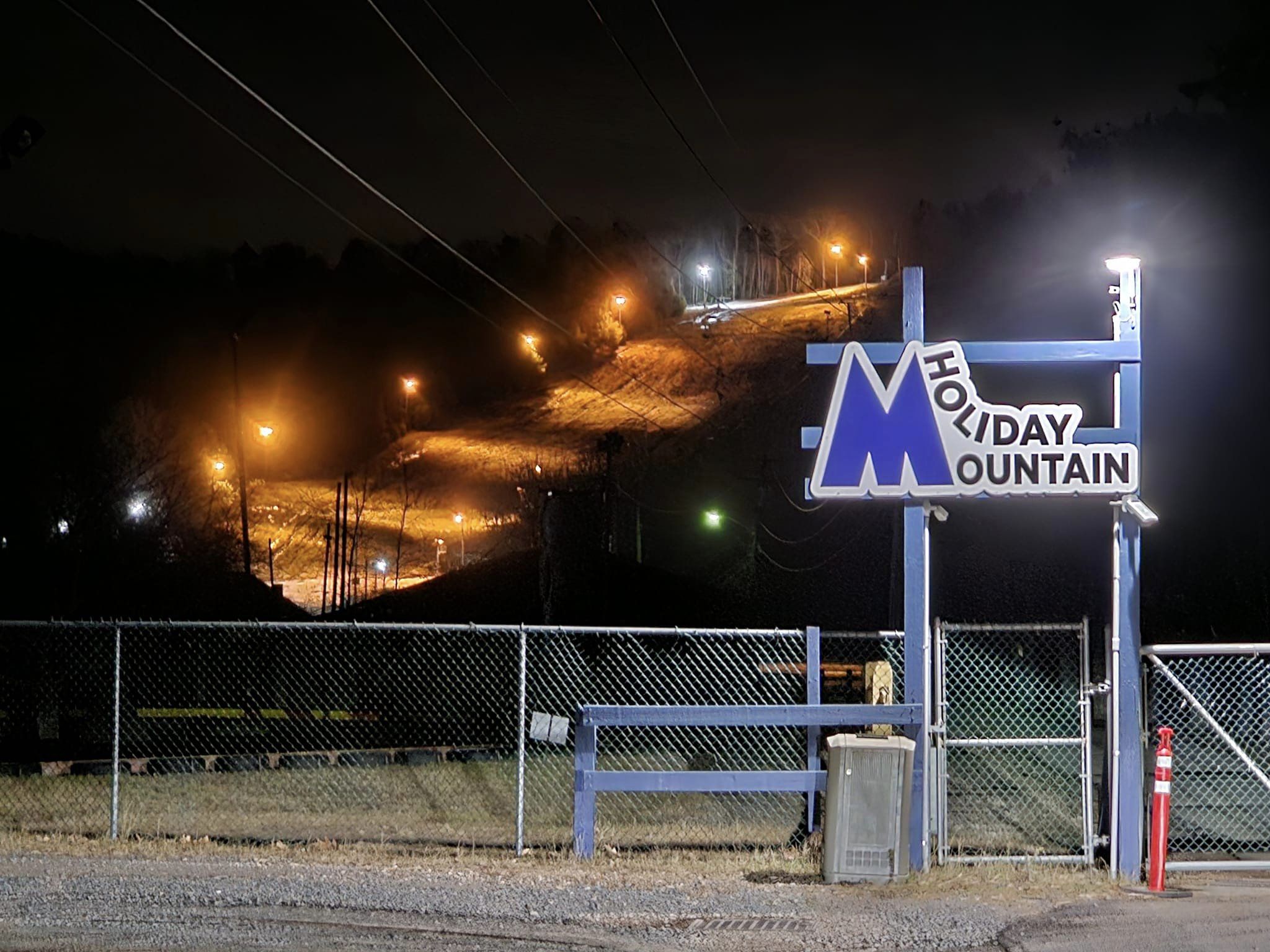 Holiday Mountain Night with Lights & Sign